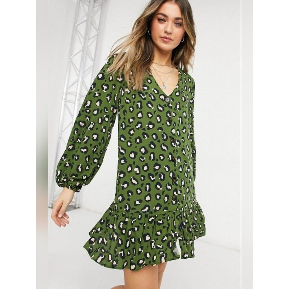 ASOS Curve Size 18 Green Leopard Print V-Neck Ruffle Tunic Dress 3822-CX
